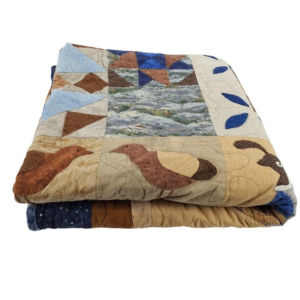 Handmade Patchwork Quilt Quail Bird Woodland Blue Brown Rustic Country Throw